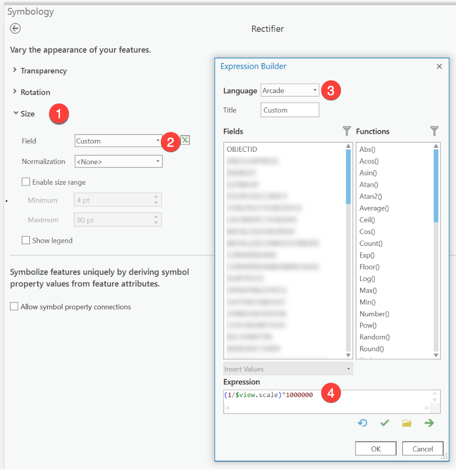 Setting an Arcade expression to scale symbols relative to view scale